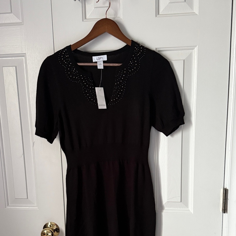 LOFT Black Midi Dress‎ with Embellished Neckline